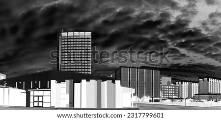 High contrast flat style black and white monochromatic cityscape. Panoramic Midland Texas city skyline and downtown skyscrapers, dramatic cloudscape