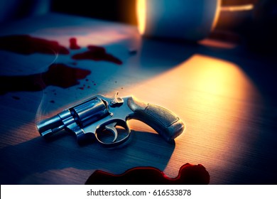 High Contrast Image Of A Bloody Crime Scene With Gun On The Floor