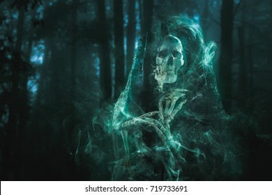 High contrast image of a scary ghost in the woods
