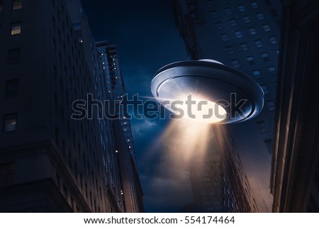 high contrast image of UFO over a city at night with light rays / view from below