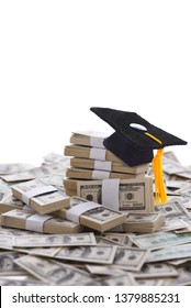 The High Cost Of Higher Education Concept, Mortarboard On Money, And The College Admissions Bribery Scandal.