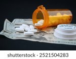 High Cost of Prescription Drugs. US Money with medicine. High Cost of Medicine and Healthcare. Healthcare, medical or drug abuse. High Cost of Prescription Drugs. High Price of Prescription Medication