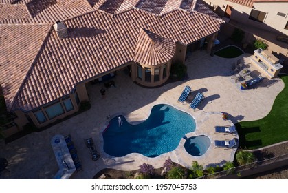 A High Definition Aerial Drone Shot Of A Desert Landscaped Backyard In Arizona.