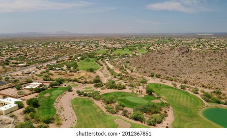 A high definition aerial view of a desert golf course in southern Arizona.