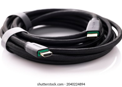 High Definition Multimedia Interface, HDMI male to male connector cable with braid on white background