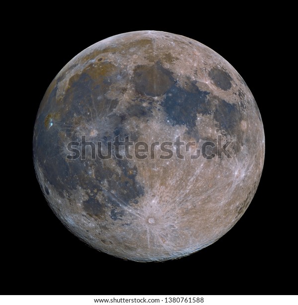 High detail Full Moon (April 2019) shot at 952mm\
focal length. Increased saturation to highlight the mineral\
composition of the moon\'s\
surface.