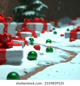 high detail photo of closeup of a snow floor, wrapped christmas gifts with christmas decorations and christmas tree in background, realistic digital art 4k, beautiful ice, shallow depth of field, highly detailed gifts, red and green tones, design milk,