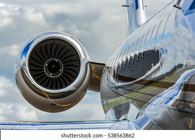 High Detailed Closeup View On Small White Private Business Jet Windows Engine Tail Wing.