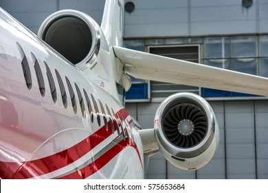 High Detailed Closeup View On Small White Private Business Jet Windows Engine Tail Wing 