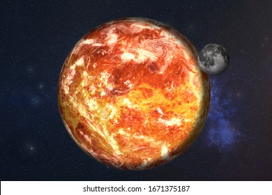 High detailed Fiction red surface planet with white atmosphere isolated. Eraly Earth planet with moon. Science fiction. Elements of this image furnished by NASA.