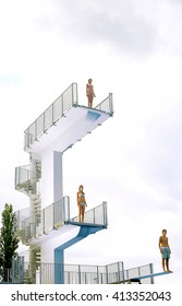 At High Diving Board At A Public Swimming Pool