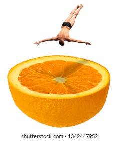 High Diving Swimmer In Swim Suit Briefs Jumping Down In A Half Fresh Juicy Orange Fruit Like A Swimming Pool - Manipulated Photo Concept Image - Isolated On White