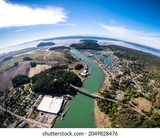 High Drone Perspective Of Small Fishing Town In Pacific Northwest