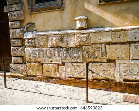 High dynamic range (HDR) Etrurian and Roman stones and urns, Montepulciano in Tuscany, Italy