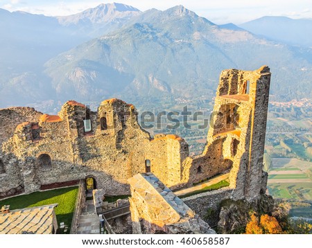 High dynamic range HDR Ruins of Torre di Bell Alda (Tower of the Beautiful Alda) at Sacra di San Michele in Italy