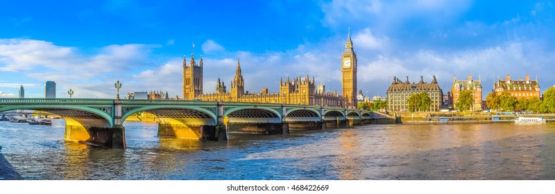High dynamic range HDR Westminster Bridge panorama with the Houses of Parliament and Big Ben in London UK