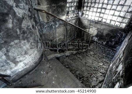High Dynamic Range Image of a Burned Out building, stair