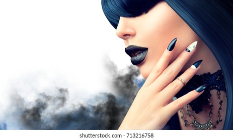 High Fashion Halloween Model Girl Portrait with Trendy gothic Black Hair style, Make up, dark Manicure and accessories. Halloween Vampire Woman portrait with black matte lips, fringe hairstyle, choker