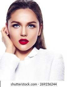 High Fashion Look.glamor Closeup Portrait Of Beautiful Sexy Stylish Brunette Business Young Woman Model With Bright Makeup With Red Lips In White Coat Jacket