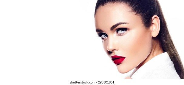 High Fashion Look.glamor Closeup Portrait Of Beautiful Sexy Stylish Brunette Business Young Woman Model With Bright Makeup With Red Lips