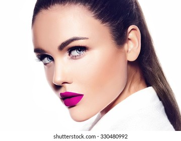 High Fashion Look.glamor Closeup Portrait Of Beautiful Sexy Stylish Brunette Business Young Woman Model With Bright Makeup With Red Lips