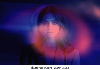 High Fashion Model Girl In Bright Colorful Neon UV Lights Posing In Studio, Portrait Of A Beautiful Woman, Trendy Retro Look, Generation Z. Blue Glow Effect.