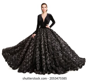 High Fashion Model In Long Black Wedding Dress. Woman In Evening Luxury Gown With Black Roses Lace. Elegant Lady Full Length Portrait Over Isolated White