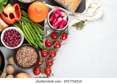 High Fiber Foods., Healthy balanced dieting concept.. Foods high in antioxidants,minerals and vitamins. Immune boosting. Flat lay., top view with copy space
