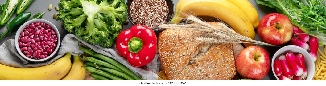 High Fiber Foods., Healthy balanced dieting concept.. Foods high in antioxidants,minerals and vitamins. Immune boosting. Flat lay., top view. Panorama, banner