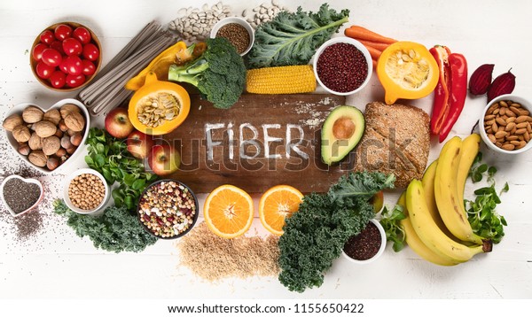 High Fiber Foods. Healthy balanced dieting concept.\
Top view