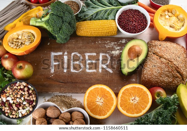 High Fiber Foods. Healthy balanced dieting concept.\
Top view