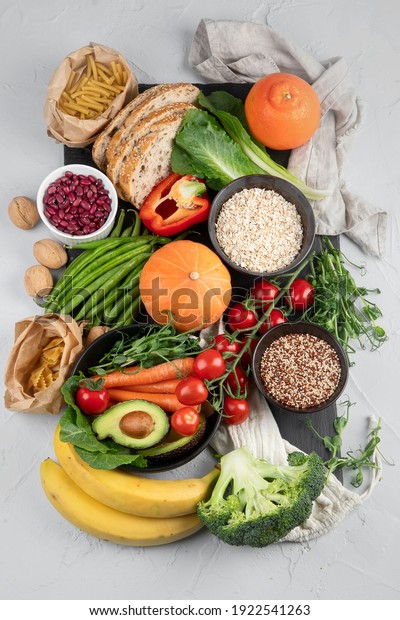 High Fiber Foods., Healthy balanced dieting\
concept.. Foods high in antioxidants,minerals and vitamins. Immune\
boosting. Flat lay., top\
view