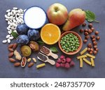 High fiber foods for healthy bowel. Healthy foods for intestine health. Diet and nutrition for constipation. Assortment of foods for healthy gut and digestive system. Balanced diet concept.