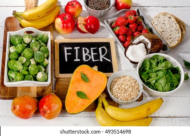 High Fiber Foods on  white wooden background. Flat lay - Shutterstock ID 493514698