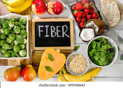 High Fiber Foods on  wooden background. Flat lay
