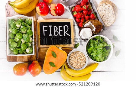 High Fiber Foods on a wooden background. Flat lay