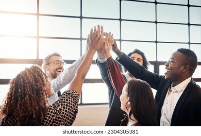 High five, business people and group together for teamwork, collaboration or team building in office. Hands of diversity men and women for corporate support, solidarity and mission or motivation - Powered by Shutterstock