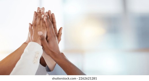 High five, business team and collaboration success of staff in office with mock up. Company, staff and hands together for solidarity, motivation and support with blurred background and mockup - Powered by Shutterstock