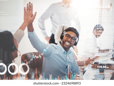 High five, call center and people smile in overlay with graphs, statistics and data. Telemarketing, success and celebration of man and woman in double exposure for teamwork, sales goal or achievement - Powered by Shutterstock