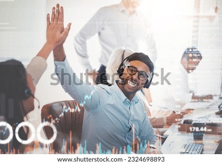 High five, call center and people smile in overlay with graphs, statistics and data. Telemarketing, success and celebration of man and woman in double exposure for teamwork, sales goal or achievement