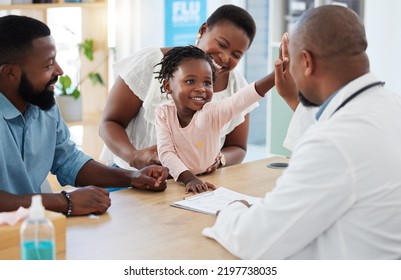 High five, doctor and family with a girl and her parents at the hospital for consulting, appointment and healthcare. Medicine, trust and support in a medical clinic with a health professional - Powered by Shutterstock