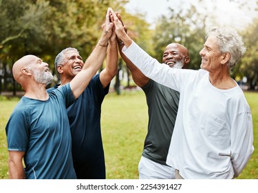 High five, fitness and senior men friends in park for teamwork, exercise target and workout mission together with community support. Elderly group of people with outdoor wellness success hands sign - Powered by Shutterstock