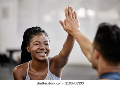 High Five, Fitness Team And Gym Success Of Friends In Happy Exercise Workout Together For Health And Wellness. Black Woman With Smile, Excited And Goal In Teamwork Celebration With Her Training Coach