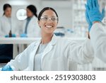 High five, goals and happy woman in laboratory for science breakthrough, clinical trial or discovery. Success, medical target or scientist with innovation for vaccine research, cure or development