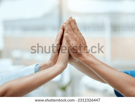 High five, hands or doctors with medical success in celebration of surgery results in hospital with bonus. Team work, winners or healthcare nurses celebrate targets, mission or winning goals together