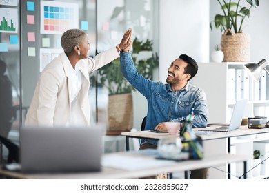 High five, happiness and business people celebrate teamwork, website design achievement or company success. Office team building, happy winner and excited staff celebration for creative development - Powered by Shutterstock