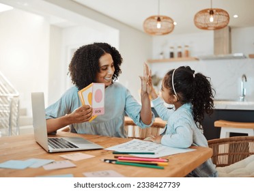 High five, homework success or mother with happy kid in celebration of learning shapes, goals or test quiz. Teamwork, smile or proud mom teaching kindergarten girl or child with support or motivation - Powered by Shutterstock