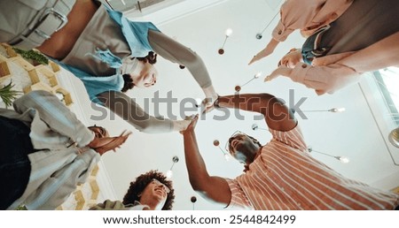 High five, low angle and teamwork with business people in office for contract success, agreement and thank you. Partnership, congratulations and achievement with group of employees in startup