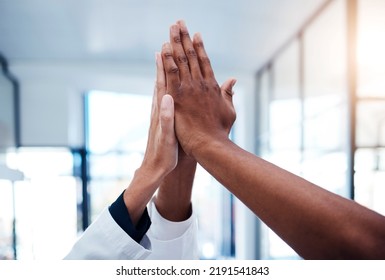 High Five, Success And Doctors Celebrating Teamwork, Medical Collaboration And Support In A Hospital. Closeup Of Healthcare Hands Joining In A Huddle For Winning Achievement, Motivation And Victory