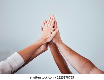 High five, team and hands of people in celebration for teamwork achievement, team building meeting or collaboration. Group solidarity, support and community friends celebrate charity mission success - Shutterstock ID 2225178755